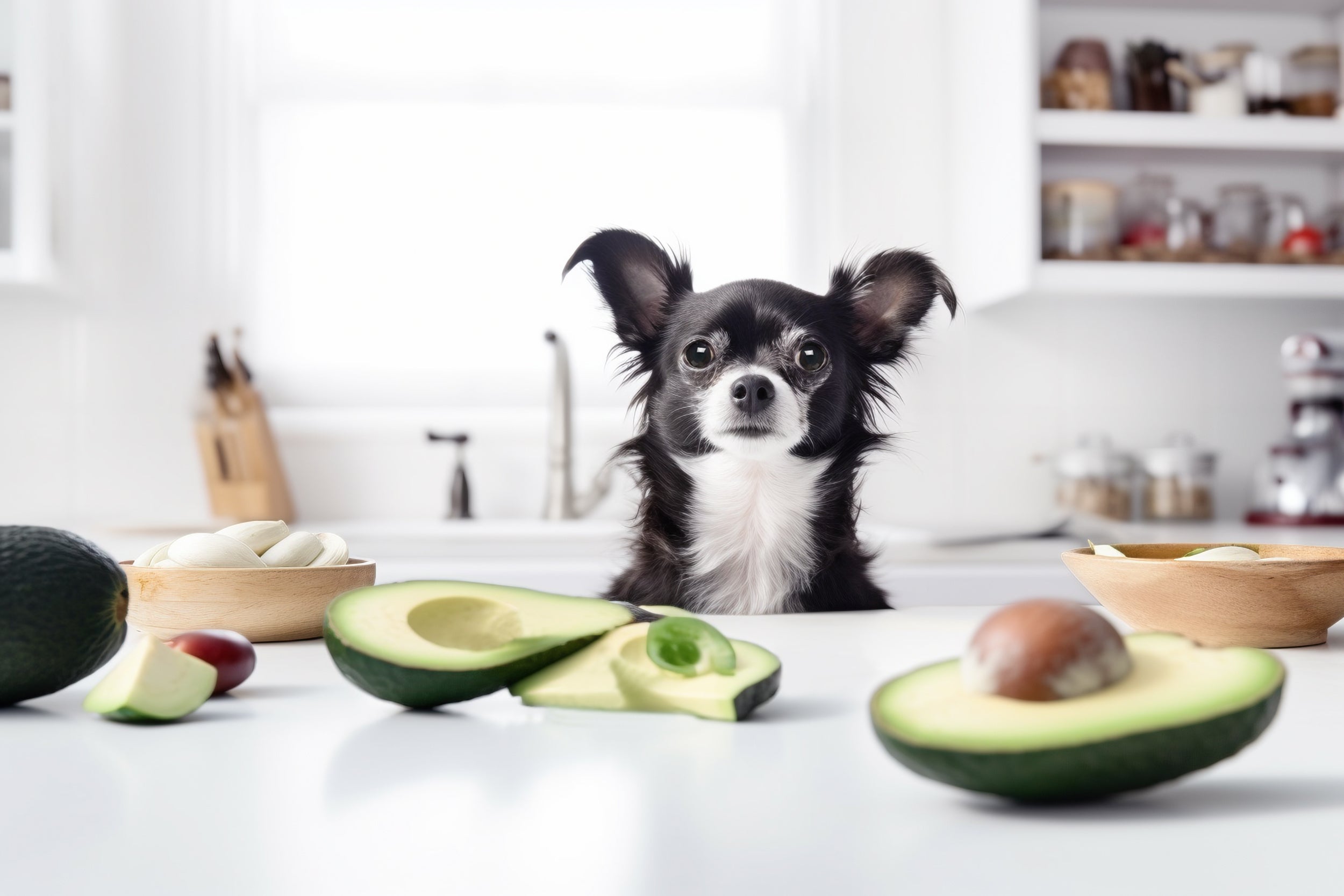 dog looking at avocadoes lying on the kitchen counter