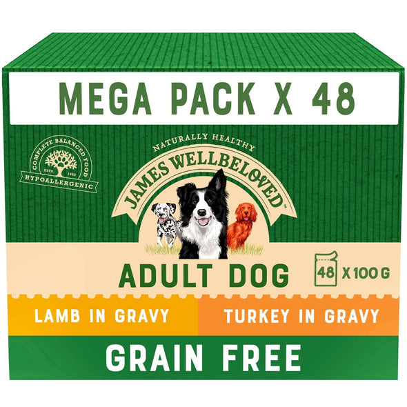 Grain Free Adult Variety Pack Lamb & Turkey Wet Dog Food Pouches - James Wellbeloved UK