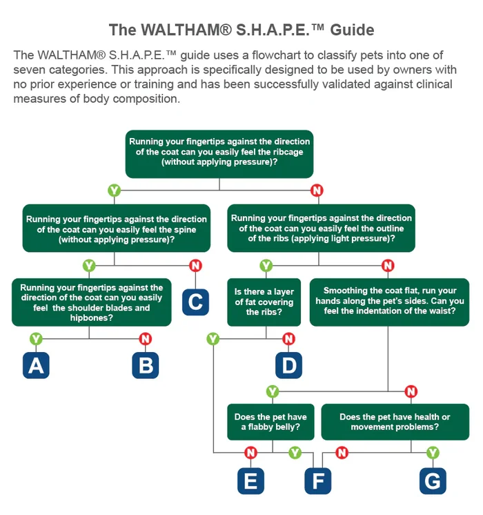 the Waltham S.H.A.P.E. Guide uses a flowchart to classify pets into one of seven categories. This approach is specifically designed to be used by owners with no prior experience or training and has been successfully validated against clinical measures of body composition.