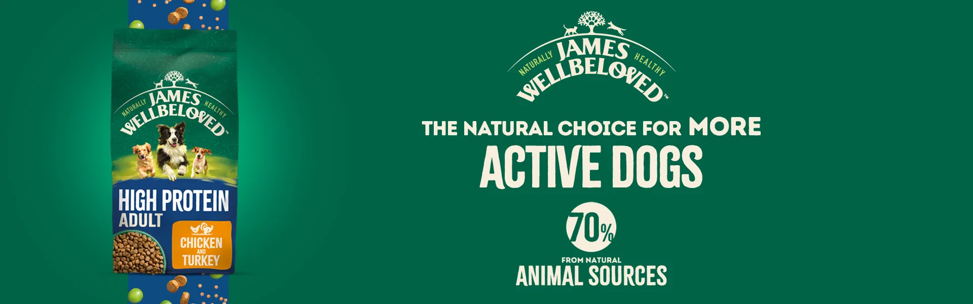 James Wellbeloved. The natural choice for more active dogs. 70% from natural animal sources.